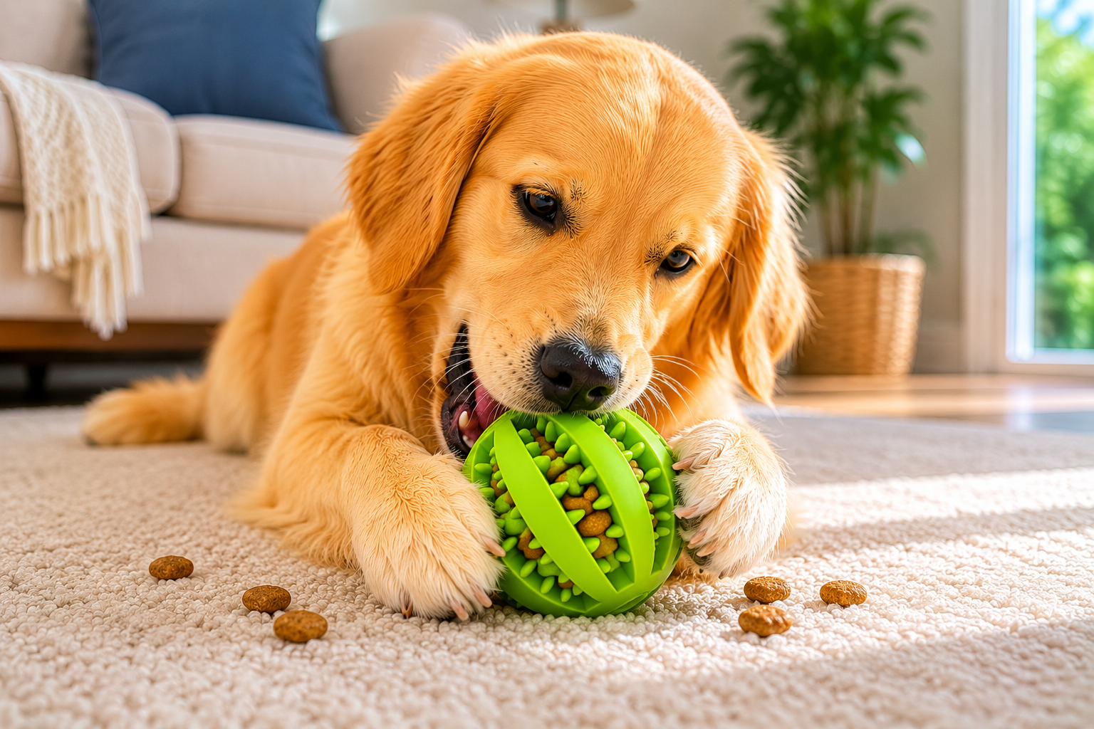 Golden dog enjoying a ZOOZA toy at home